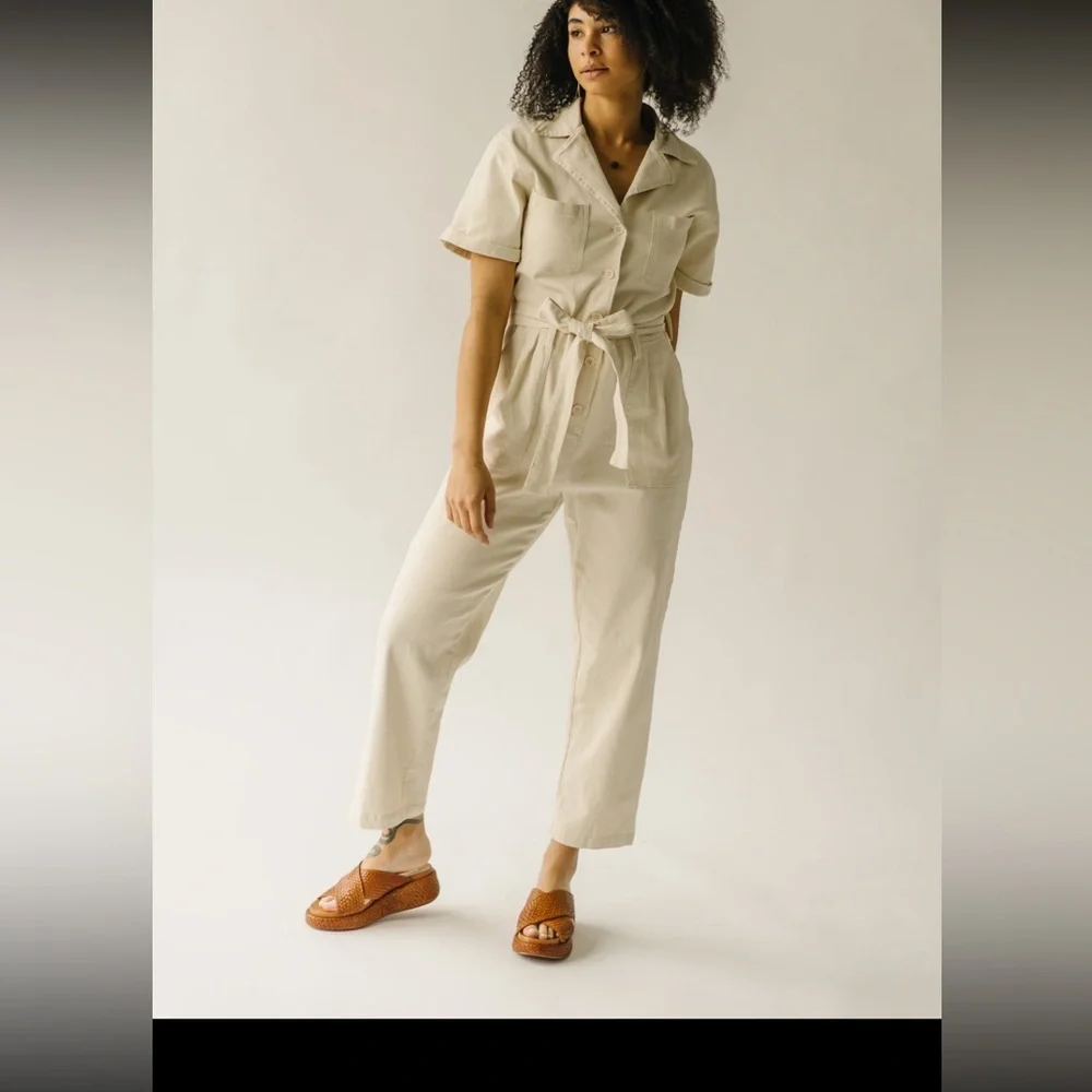 Piper and Scoot Fleming Tie Denim Jumpsuit in Natural Size Medium - Picture 1 of 2